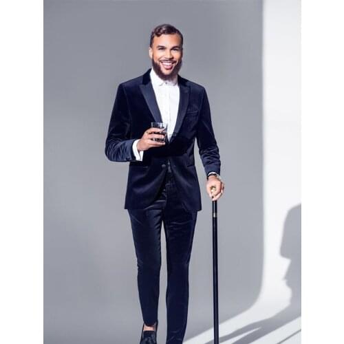 ANNIEBRITNEY 2 Piece Dark Blue Velvet Men Formal Slim Fit Suit Custom Groom Wedding Tuxedo 2 Piece Slim Fit Prom Wedding Suit
