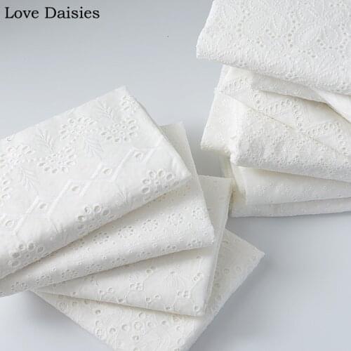 WHITE Hollow Out Embroidered Lace Flower 100% Cotton Fabric for Handwork Kids Doll Summer Apparel Dress Shirt Craft Handwork