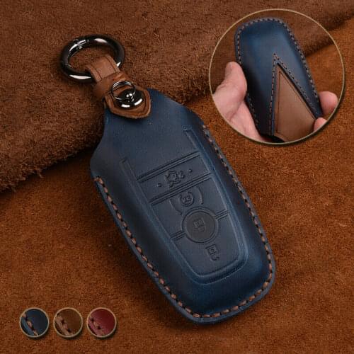 Genuine Leather Key Fob Shell Holder Cover Case With Key Chain For Ford Fusion Mustang F150 250