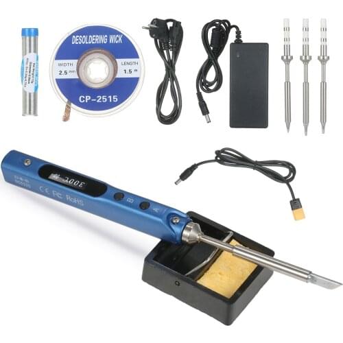 Electric Soldering Iron with LED Digital Display Intelligent Soldering Iron Kit with 19V Power Supply Adapter 4 Iron Heads Blue