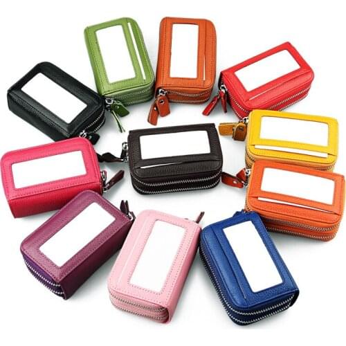 New Business Card Holder for Men Women ID/Credit Card Holder Cowhide Card Wallet Top Layer Leather Double Zipper Card Case