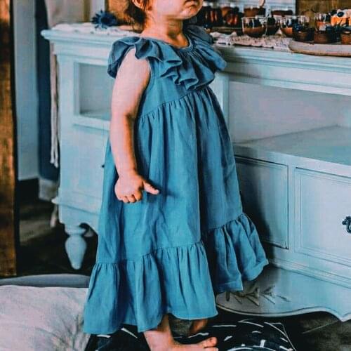 Children Cute Blue Loose Dresses Kids Omfortable Ruffle Floral Dress Summer Sleeveless Baby Girls Casual Dress Long Kids Clothes