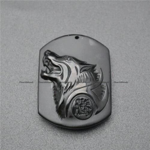 1pc Natural Black Obsidian Stone Rectangle Shape Carved Wolf Head Stone Wild Style Pendants Fit Necklace Makings