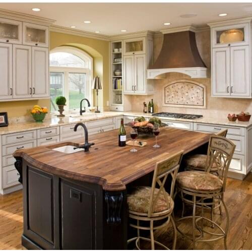 Luxury Antique Kitchen With White Solid Wood Cabinets Large Island And Cabinets Everywhere