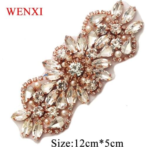 WENXI 30PCS 12*5CM Clear Rose Gold Rhinestones Appliques Patch Sew On Bridal Sash Rhinestones Appliques Accessory WX847