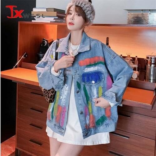 Fashion Hand-painted Graffiti Denim Jacket Women 2021Autumn Korean Single-breasted Long sleeves Coat Ms Loose Jeans Jackets