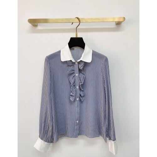 Ladies 2021 fashion new long-sleeved sexy casual blue and striped chest lotus leaf stitching white collar silk shirt 1217