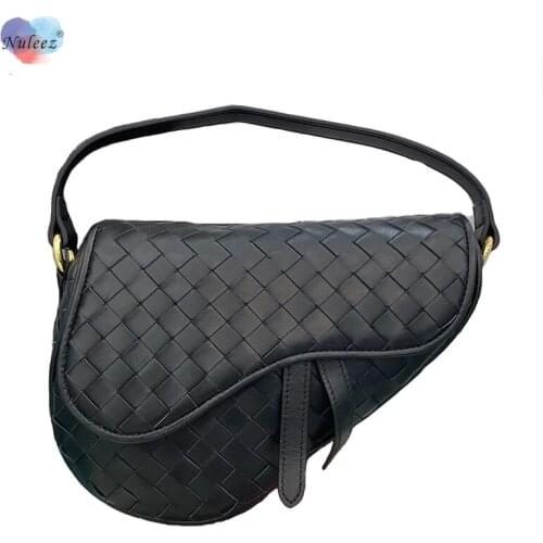 Nuleez Brand Saddle Bag Women Genuine Cowhide Leather Woven Cross Pattern Classical Fashion Cross-Body Italy Handmade Artificial