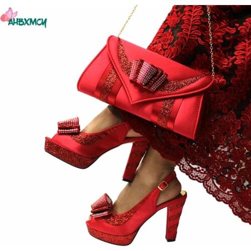 2021 Autumn Super High Heels New Arrivals Nigerian Women Shoes and Bag to Match in Red Color Comfortable Slingbacks Sandals