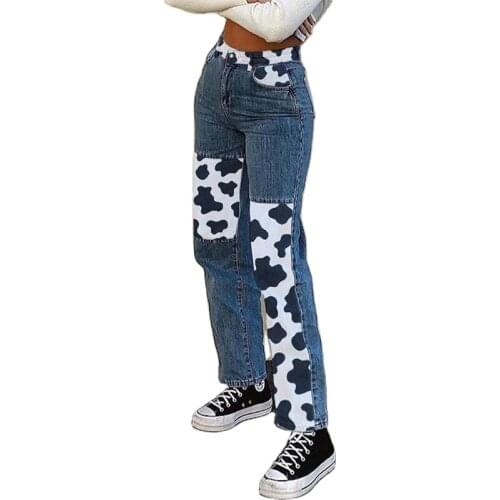 Fanco 2020 New Womens Fashion Cow Color Patchwork Pocket Streetwear Straight Leg Pants Female Autumn Casual High Waist Trousers