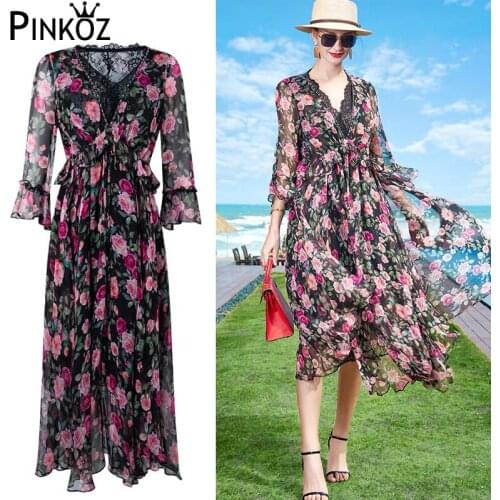 Pinkoz Bohemia Womens Long Beach Dress Summer Vacation V-neck Flare Sleeve Rose Flower Floral print Ruffles Plus Size Dresses