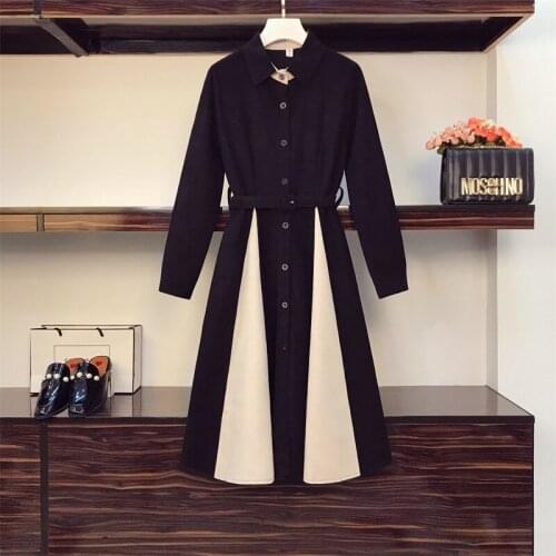 Plus Size Women Autumn Long Sleeve Vintage Patchwork High Waist Dresses 2021 French Single Breasted Dresses Female Vestidos