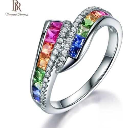 Bague Ringen Geometry Silver 925 Jewelry Colors Gemstones Ring for Women Special style Rainbow Trendy Female Party Rings Gift