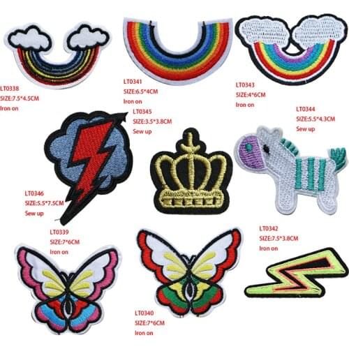 2 Pcs Rainbow Lightning Butterfly Crown Cartoon Icon Iron on Patch for Clothing DIY Stripes Patchwork Sticker Custom Badges