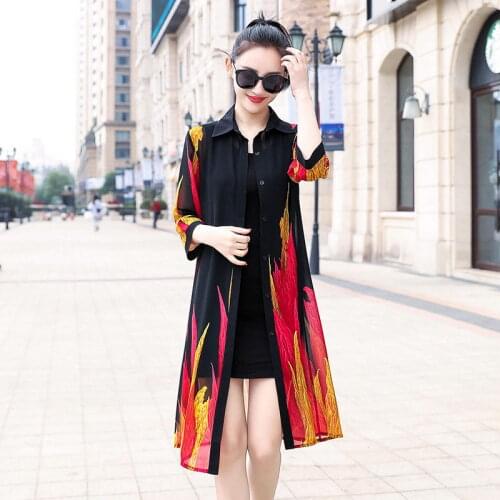 #5341 Summer Sunscreen Coat Women Super Thin Printed Wrap Coat Female Loose Perspective Chiffon Windbreaker Ladies Outerwear