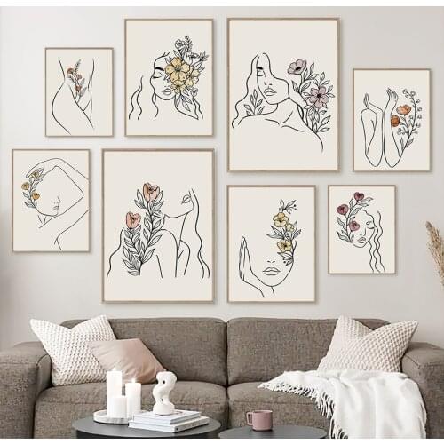 Flower Abstract Line Girl Face Body Wall Art Canvas Painting Nordic Posters And Prints Wall Pictures For Living Room Salon Decor