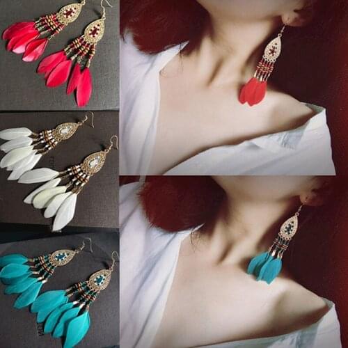 Bohemia Ethnic Drop Earrings For Women Long Handmade Tassel Feather Dangle Colour Bead Water Drop Metal Earrings Fashion Jewelry
