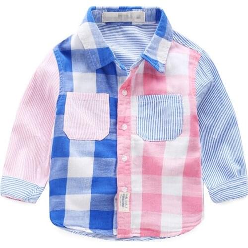 High quality Spring Autumn kid shirt boy girl cotton stripe Plaid tie blouse casual baby children clothes Multicolor 2-7year