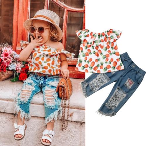 PUDCOCO Stylish Toddler Kids Baby Girls Pineapple Print Off Shoulder Tops Denim Pants Jeans Outfits Clothes Set 1-6Y