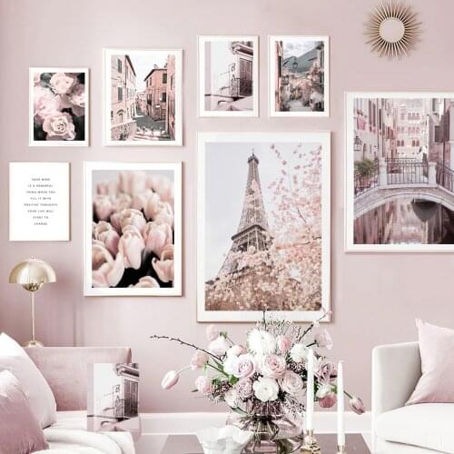 Pink Paris Tower Bridge Street Tulip Rose Wall Art Canvas Painting Nordic Posters And Prints Wall Pictures For Living Room Decor