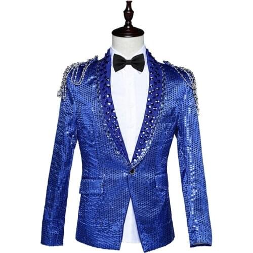 Costumes pattern bar host singer sequined red blue and white court dress activities cultivate morality shoulder chain