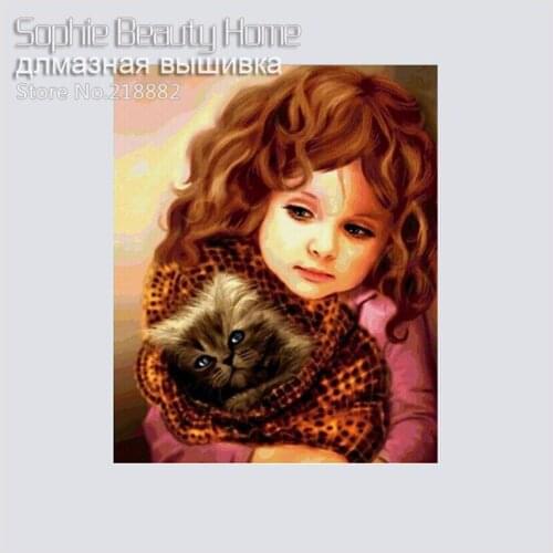 HOT 5D Diy Diamond Painting Religion 3D Diamond Mosaic Beauty Girl With Cat Inlaid Yarn Fabric Needlework Diamond Embroidery