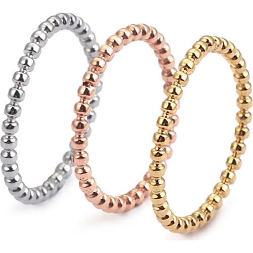 Girls 2mm Width Small Wave Design Ring Rose Gold Silver Color Stainless Steel Beads Ring for Women