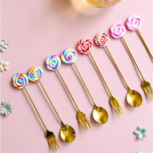 Cute Lollipop Coffee Spoon Children Coffee Stirring Spoon Fruit Fork 304 Stainless Steel Teaspoon Dessert Tea Scoop Tableware