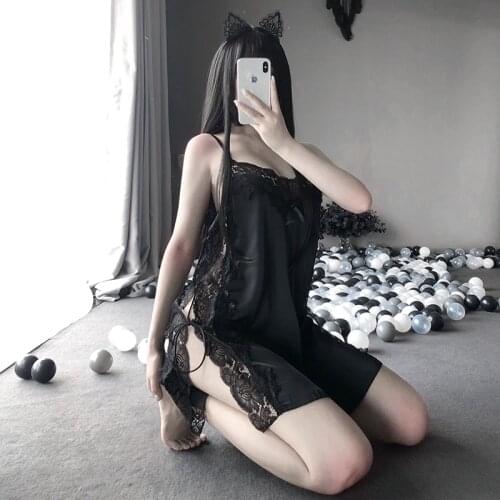 Fashion Sexy Lace Satin Lingerie Smooth Silk-like Sleeping Night Dress Temptation Underwear Sling Embroidery V-Neck For Women