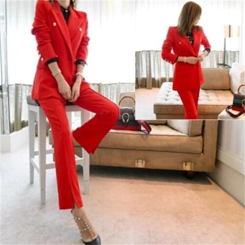 Fashion red suit suit female autumn New temperament casual small suit jacket + split fork micro trousers two-piece suit womem