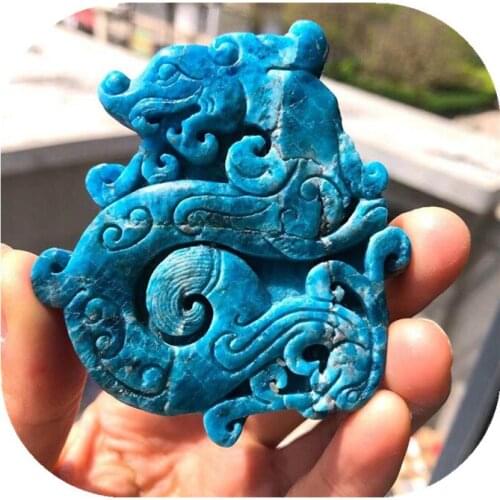 Natural rock hand carved dragon ornaments blue apatite crystal sculpture