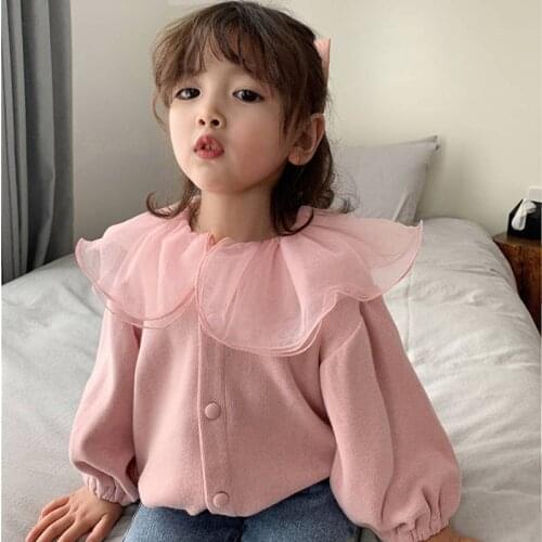 2020 Spring and Autumn New Style Korean-style Children Lace Fold-down Collar Cardigan Western Style Cute Sweet Tops Knitted