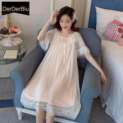 New lace Bow Nightdress Sexy short-sleeved long skirt Summer soft nightwear Palace princess Sleepwear Loose plus size Homewear