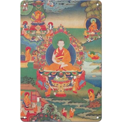 Island Art Scenes from The Life Tibetan Thangka Buddhist Painting - 8in x 12in Vintage Metal Tin Sign