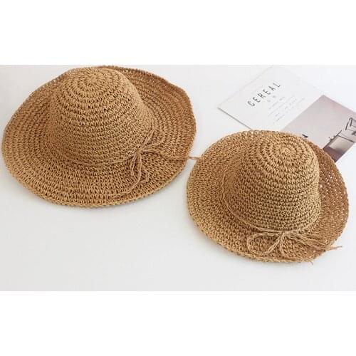 Parent-Child Hand-Woven Women’s Sunhat Pure Color Travel Foldable Big Eaves For Girls Ladies Beach Caps Kids Fashion Straw Hats