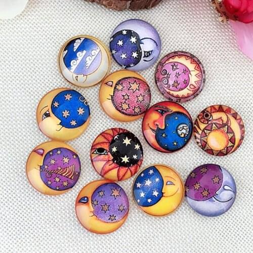 Cartoon the Sun, Moon and Stars Pattern Glass Mosaic Craft Half Round Flat Back Glass Cabochons 10mm-30mm for Jewelry Making