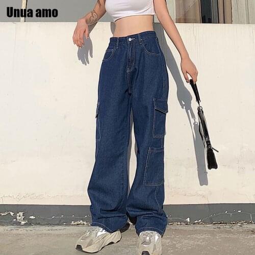 Unua amo 2021 Womens Jeans High Waist Baggy Tousers Fashion Multi-pocket Design Streetwear Casual Denim Cotton Pants For Women