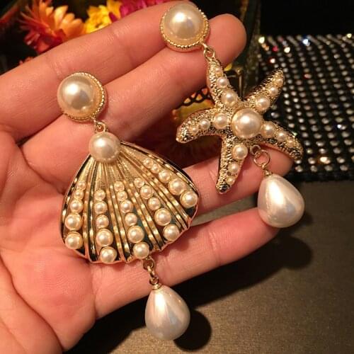 Mermaid pearl shell starfish earring lady exaggerated tassel natural seashells pearl starfish wholesale