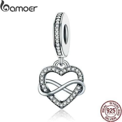 BAMOER Genuine 925 Sterling Silver Endless Love Infinity Heart Dangle Beads fit Charm Bracelet for Women DIY Jewelry S925 SCC261