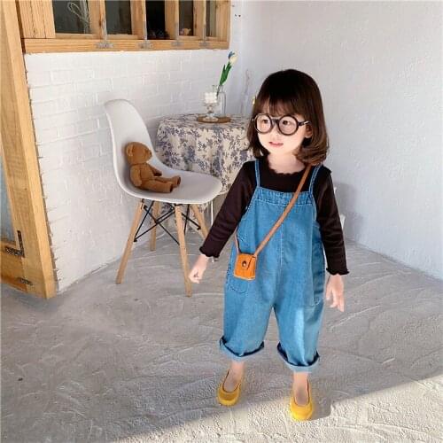 Baby Girls Overalls Spring Childrens Korean Solid Denim Jumpsuits Cute Casual Loose Jumpsuit For Girl Kids Wide Leg Jeans Pants