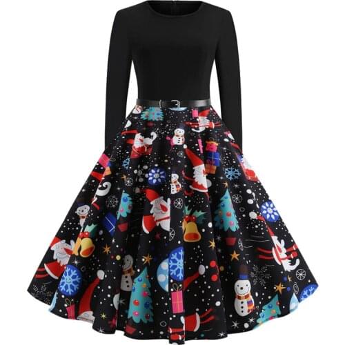 Vintage Dress Women Long Sleeve Print Christmas Dress Winter Elegant Swing Party Dresses Robe Femme Casual Rockabilly Vestidos