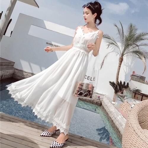 2019 Summer Beach Dress Womens Sexy Lace Splice Bohemia Dress Female Temperament Slim Lace Dresses Womens Spaghetti Strap Dress