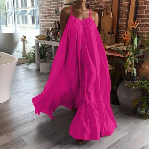 40# Ruffle Big Swing Dress Women Solid Strap Dress Backless Beach Summer Dress Loose Pocket Vintage Dresses Vestido De Mujer