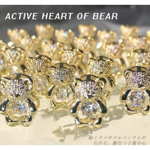 5 Pcs Cute Bear Shiny Zircon 3D Nail Art Decorations Moving Active Heart Crystal Luxury Jewelry Manicure Design Accessories