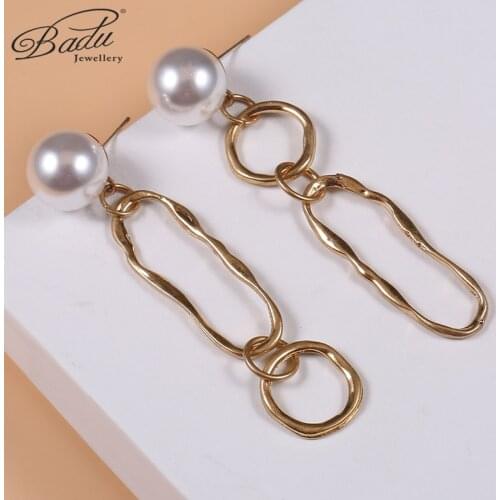 Badu New Style Long Pearl Earrings Geometric Asymmetric Metal Pendant S925 Jewelry Fashion Temperament Jewelry Gifts For Girls