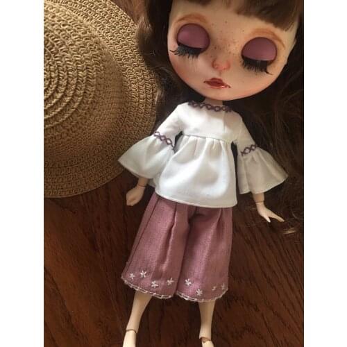 1PCS White Flare Sleeve Shirt Brick-Red Loose Pants for Blyth Kurhn OB24 Dolls Accessories