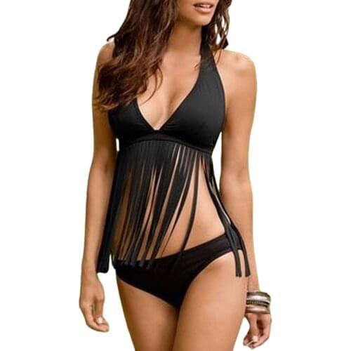 Bikini Split Tassel Design Polyester Women Sexy Split Swimwear for Beach