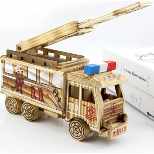 Wooden Crafts Ornaments Simulation Fire Truck Model Creative Home Model Wooden Ornaments Childrens Toys
