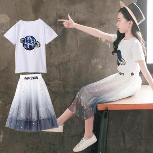 2021 new Fashion Kids Summer Girls T-shirt dress + Skirt 2pc Suits Children Short Sleeve Baby Clothes 5 6 7 8 9 10 11 12 year