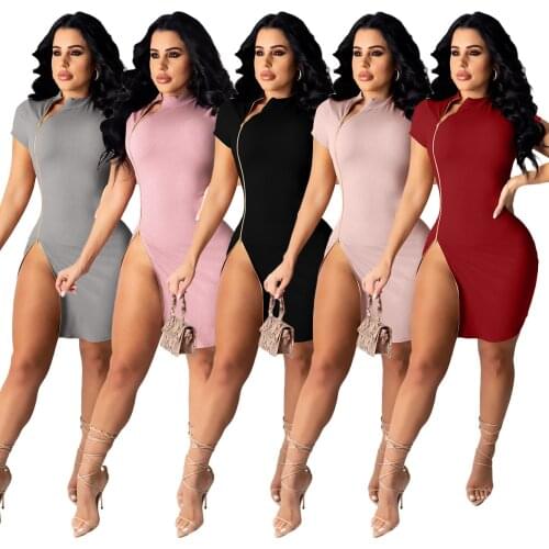 Somoshein S-2XL Fashion Women Summer Clothing Club Sexy Dress Solid Short Sleeve Zipper Mini Dresses Wholesale Dropshopping